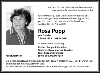 Traueranzeige von Rosa Popp von Fränkische Nachrichten