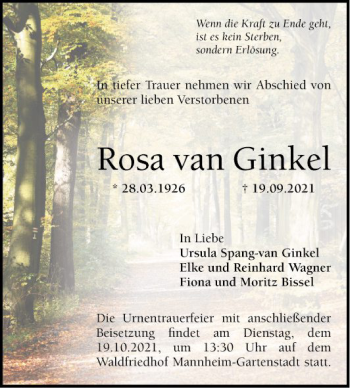 Traueranzeige von Rosa van Ginkel von Mannheimer Morgen