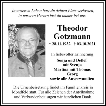 Traueranzeige von Theodor Gotzmann von Fränkische Nachrichten