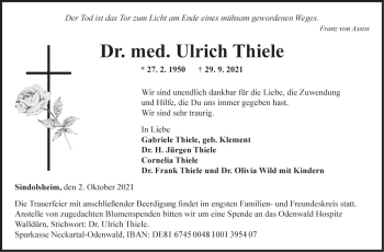 Traueranzeige von Ulrich Thiele von Fränkische Nachrichten