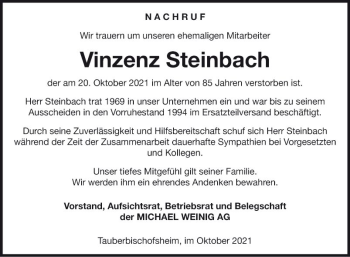 Traueranzeige von Vinzenz Steinbach von Fränkische Nachrichten