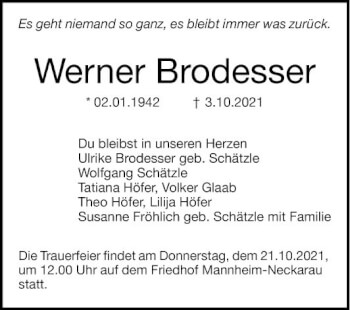 Traueranzeige von Werner Brodesser von Mannheimer Morgen