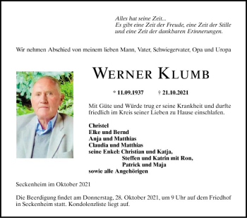 Traueranzeige von Werner Klumb von Mannheimer Morgen