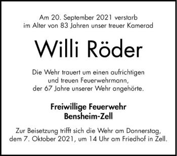 Traueranzeige von Willi Röder von Bergsträßer Anzeiger