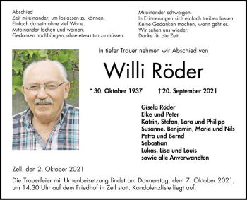 Traueranzeige von Willi Röder von Bergsträßer Anzeiger