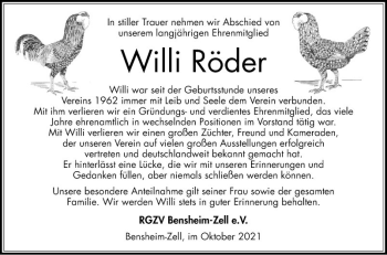 Traueranzeige von Willi Röder von Bergsträßer Anzeiger