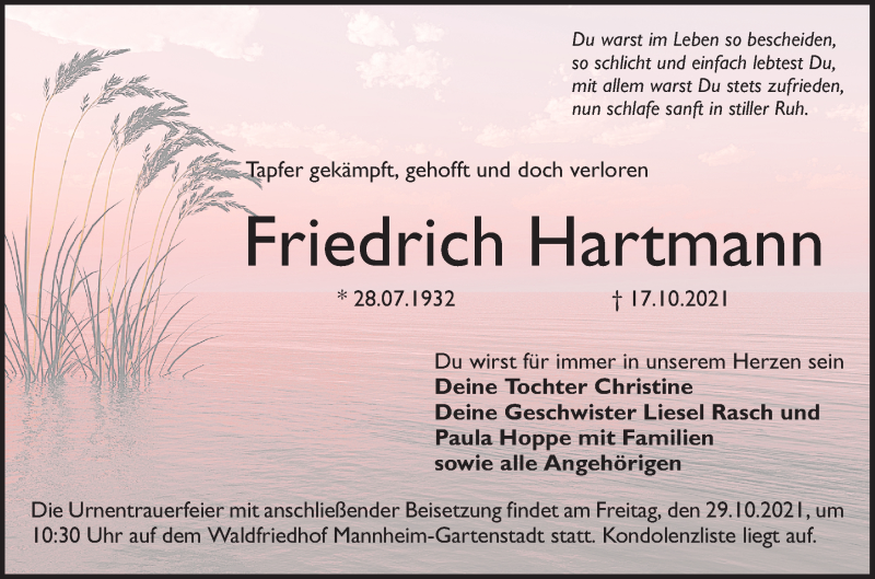  Traueranzeige für Friedrich Hartmann vom 23.10.2021 aus MANNHEIMER MORGEN