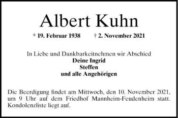 Traueranzeige von Albert Kuhn von Mannheimer Morgen