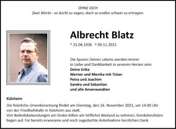 Traueranzeige von Albrecht Blatz von Fränkische Nachrichten