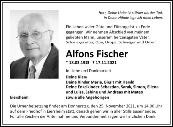 Traueranzeige von Alfons Fischer von Fränkische Nachrichten