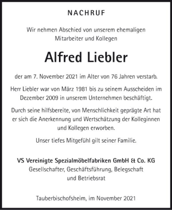 Traueranzeige von Alfred Liebler von Fränkische Nachrichten