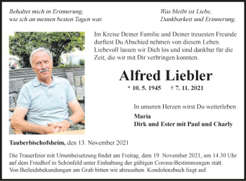 Traueranzeige von Alfred Liebler von Fränkische Nachrichten