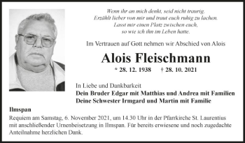 Traueranzeige von Alois Fleischmann von Fränkische Nachrichten