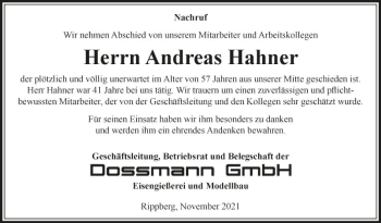 Traueranzeige von Andreas Hahner von Fränkische Nachrichten