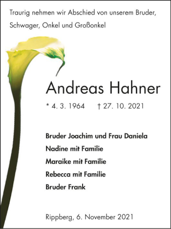 Traueranzeige von Andreas Hahner von Fränkische Nachrichten