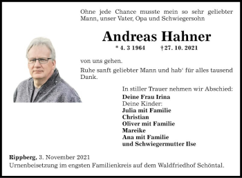 Traueranzeige von Andreas Hahner von Fränkische Nachrichten