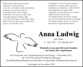 Traueranzeige von Anna Ludwig von Fränkische Nachrichten