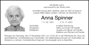 Traueranzeige von Anna Spinner von Fränkische Nachrichten