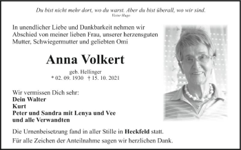 Traueranzeige von Anna Volkert von Fränkische Nachrichten