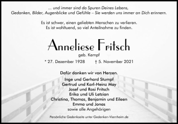 Traueranzeige von Anneliese Fritsch von Südhessen Morgen