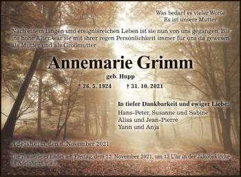 Traueranzeige von Annemarie Grimm von Fränkische Nachrichten