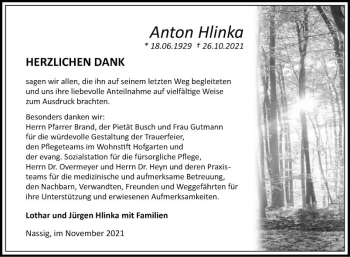 Traueranzeige von Anton Hlinka von Fränkische Nachrichten