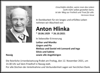 Traueranzeige von Anton Hlinka von Fränkische Nachrichten