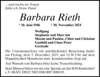 Traueranzeige von Barbara Rieth von Mannheimer Morgen