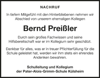 Traueranzeige von Bernd Preißler von Fränkische Nachrichten