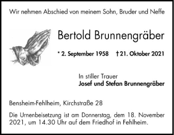 Traueranzeige von Bertold Brunnengräber von Bergsträßer Anzeiger