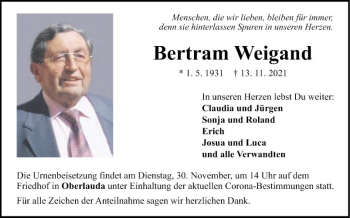 Traueranzeige von Bertram Weigand von Fränkische Nachrichten