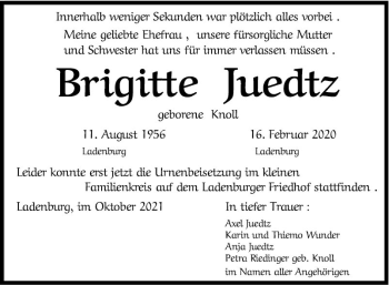 Traueranzeige von Brigitte Juedtz von Mannheimer Morgen