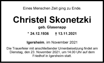 Traueranzeige von Christel Skonetzki von Fränkische Nachrichten