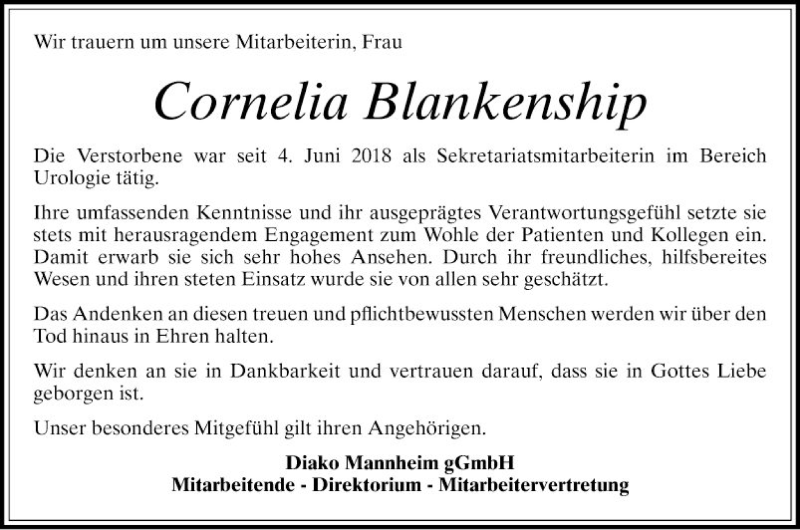  Traueranzeige für Cornelia Blankenship vom 04.11.2021 aus Mannheimer Morgen