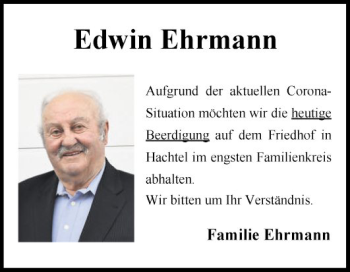 Traueranzeige von Edwin Ehrmann von Fränkische Nachrichten