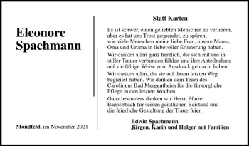 Traueranzeige von Eleonore Spachmann von Fränkische Nachrichten