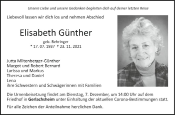 Traueranzeige von Elisabeth Günther von Fränkische Nachrichten