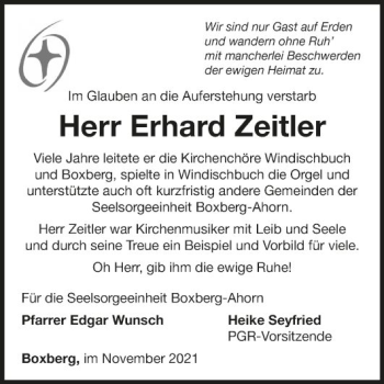 Traueranzeige von Erhard Zeitler von Fränkische Nachrichten