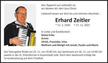 Traueranzeige von Erhard Zeitler von Fränkische Nachrichten