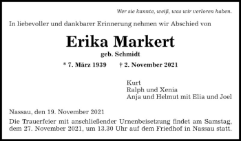 Traueranzeige von Erika Markert von Fränkische Nachrichten