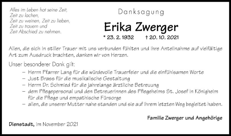  Traueranzeige für Erika Zwerger vom 06.11.2021 aus Fränkische Nachrichten