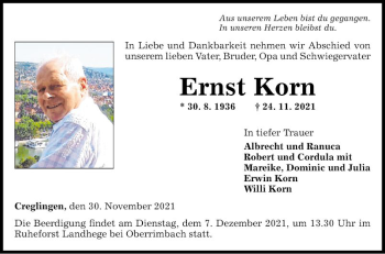 Traueranzeige von Ernst Korn von Fränkische Nachrichten