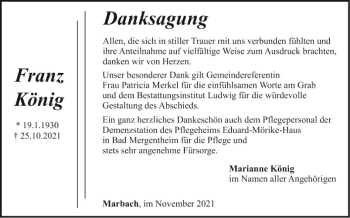 Traueranzeige von Franz König von Fränkische Nachrichten