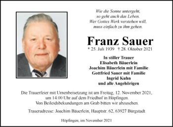 Traueranzeige von Franz Sauer von Fränkische Nachrichten