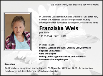 Traueranzeige von Franziska Weis von Fränkische Nachrichten