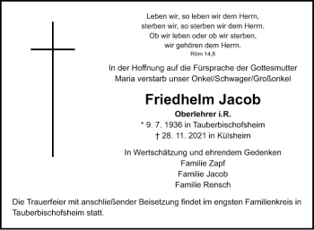 Traueranzeige von Friedhelm Jacob von Fränkische Nachrichten