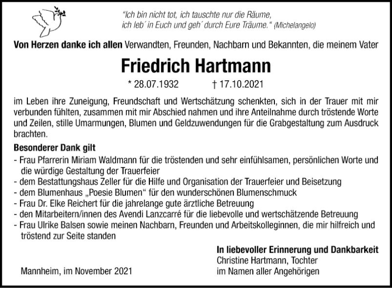  Traueranzeige für Friedrich Hartmann vom 20.11.2021 aus Mannheimer Morgen