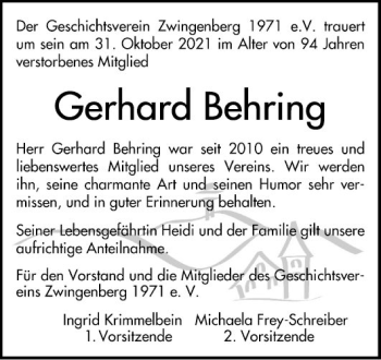 Traueranzeige von Gerhard Behring von Bergsträßer Anzeiger