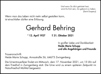 Traueranzeige von Gerhard Behring von Bergsträßer Anzeiger