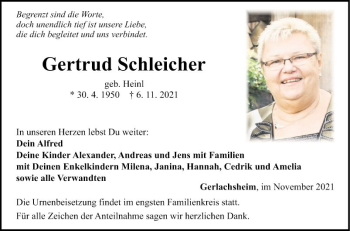 Traueranzeige von Gertrud Schleicher von Fränkische Nachrichten